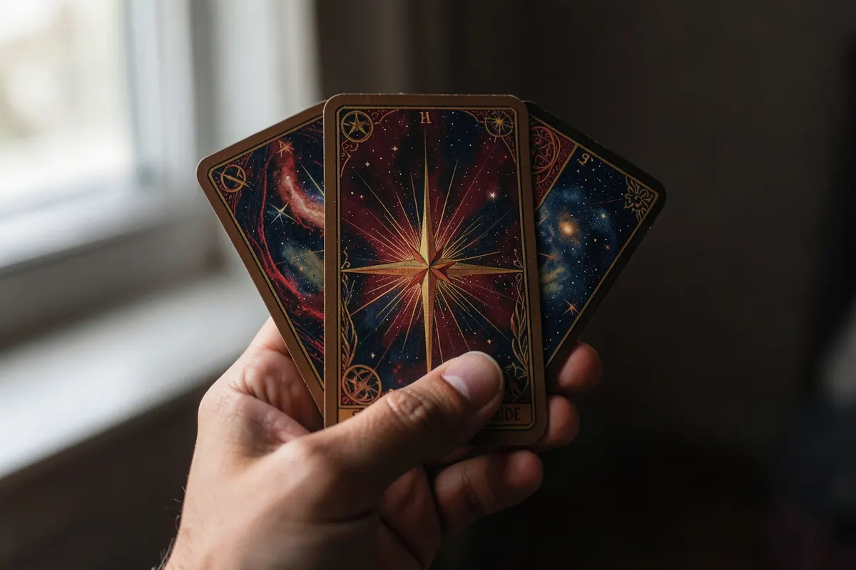 Uma mão segurando três cartas de baralho, com a carta Estrela Guia visível em destaque.