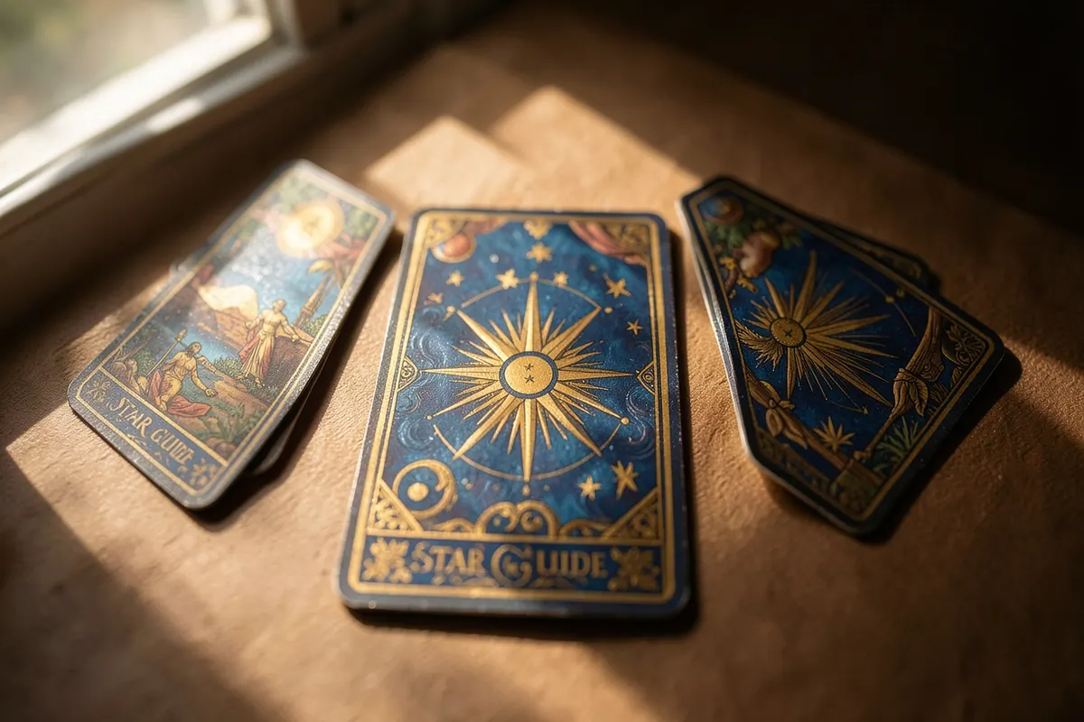 Três cartas de baralho dispostas em um padrão, com a carta Estrela Guia no centro, indicando uma leitura.