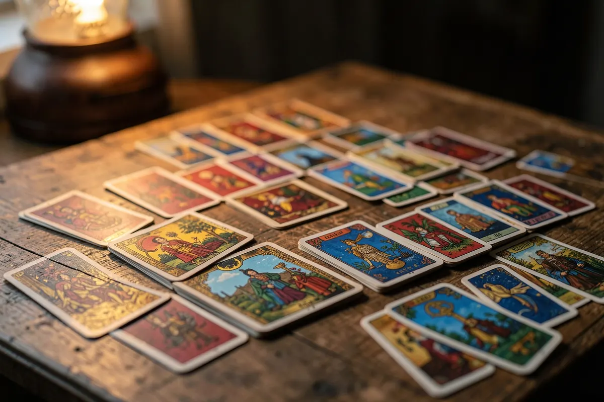 Um baralho cigano aberto com cartas espalhadas sobre uma mesa de madeira rústica.