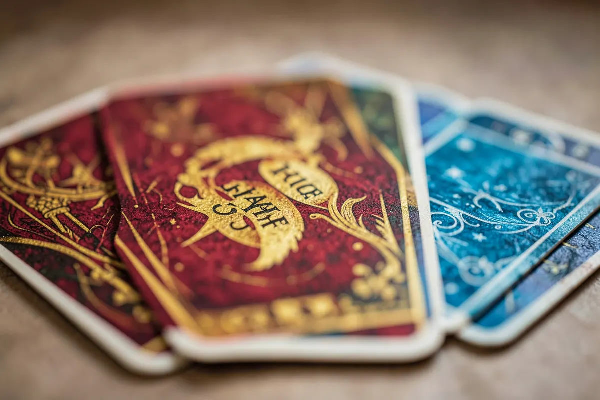 Um close-up de três cartas de baralho, mostrando a carta Estrela Guia combinada com outras duas cartas.