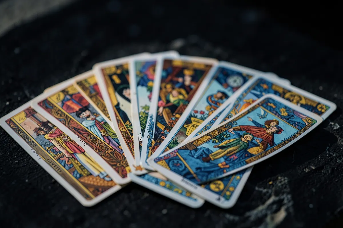 Um baralho de tarot com cartas espalhadas formando um leque.