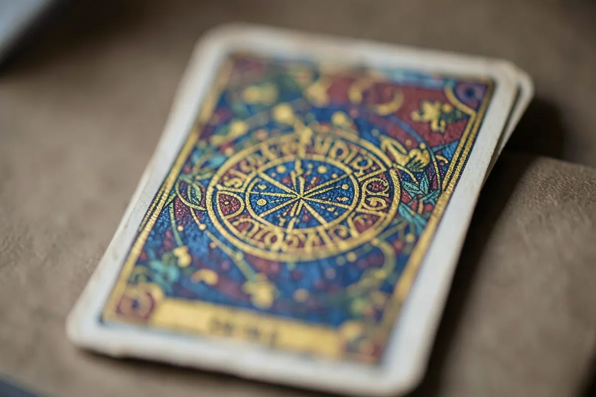 Uma única carta de tarot com um símbolo místico no centro, em close-up.