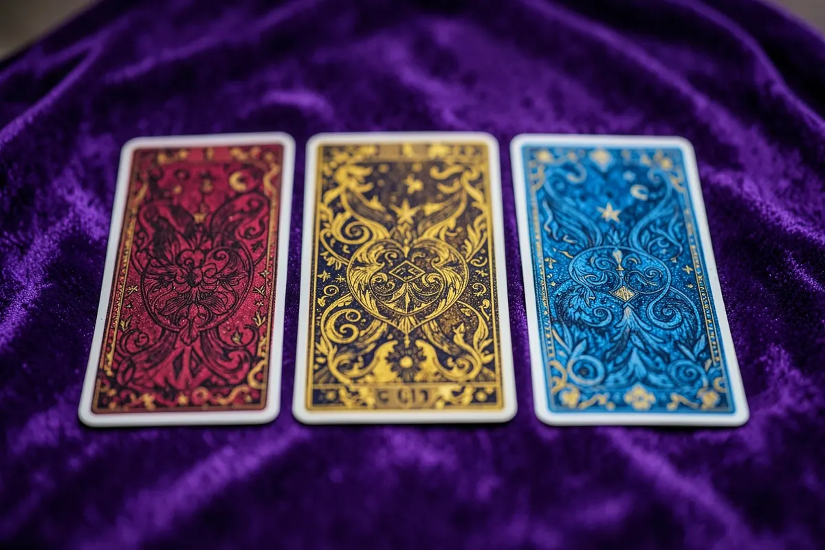 Três cartas de tarot dispostas em linha sobre um pano de veludo roxo.