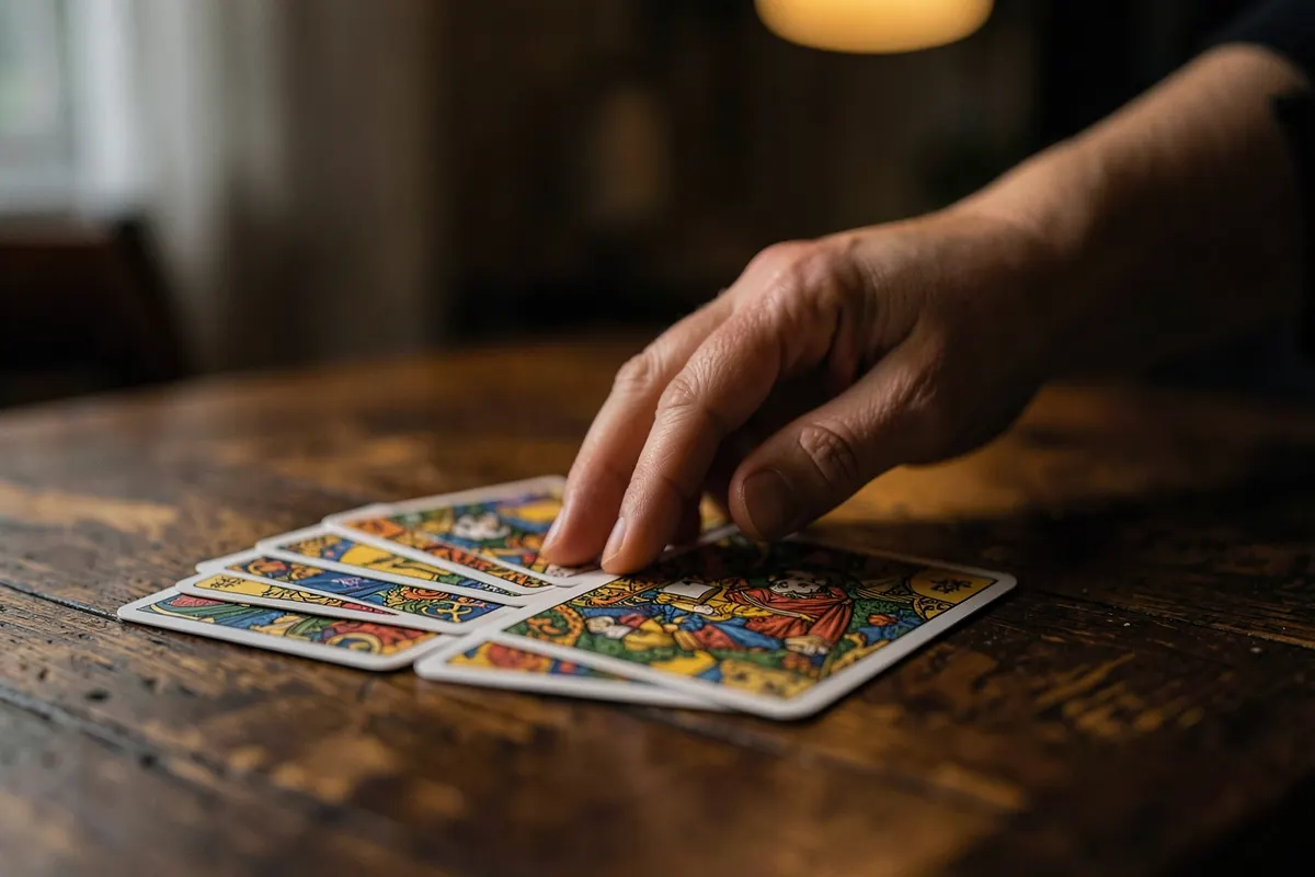 Uma mão feminina deslizando sobre as cartas de tarot em uma mesa.