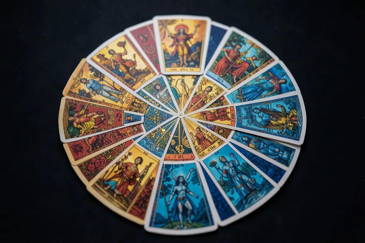 Um círculo de cartas de tarot dispostas em um padrão de mandala.