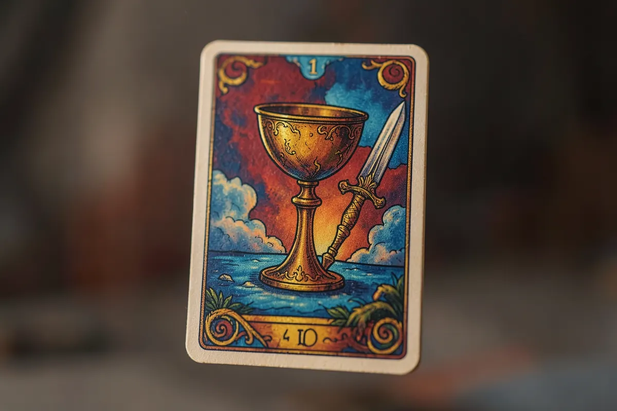 Uma única carta de tarot com a imagem de uma taça e uma espada.