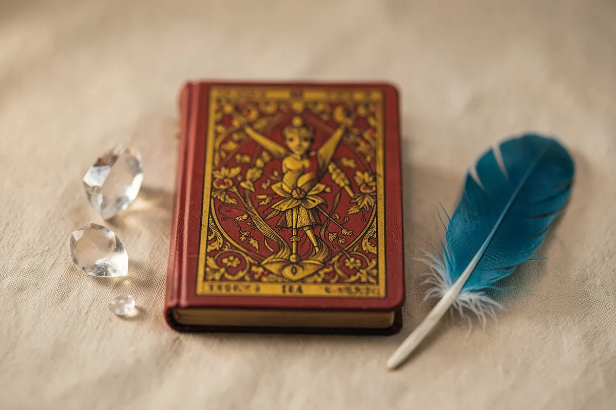 Um baralho de tarot fechado ao lado de um pequeno cristal e uma pena.