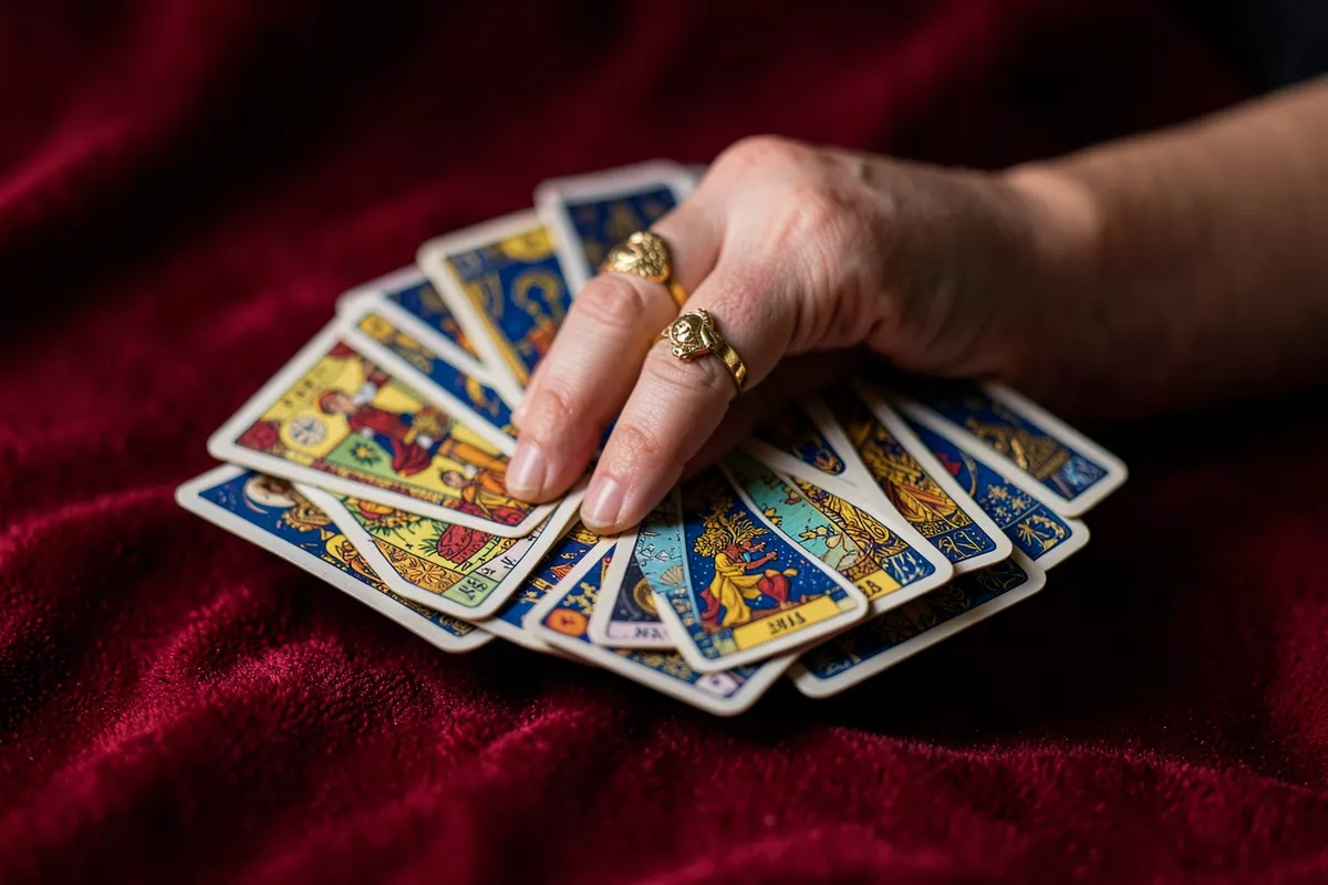 Uma mão feminina com anéis dourados embaralhando cartas de tarot com símbolos ciganos, sobre um tecido aveludado vermelho.
