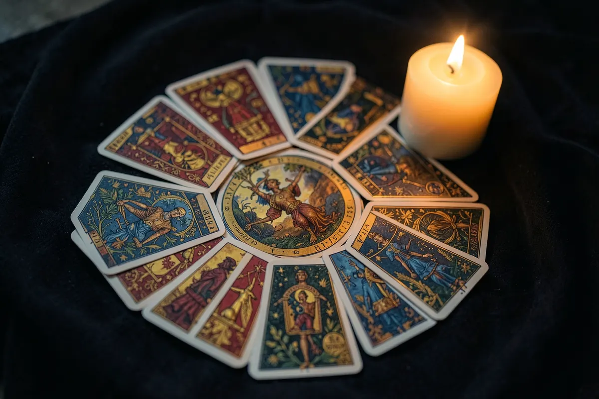 Um close-up de cartas de tarot cigano dispostas em um círculo sobre um pano escuro, com uma vela acesa ao lado.