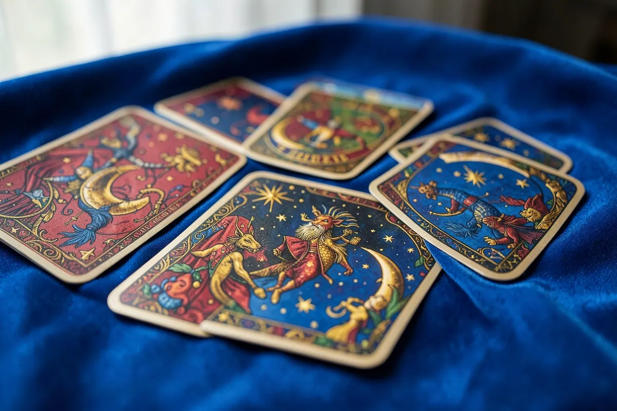 Um conjunto de cartas de tarot cigano com ilustrações vibrantes de símbolos ciganos, dispostas sobre um fundo de seda azul.