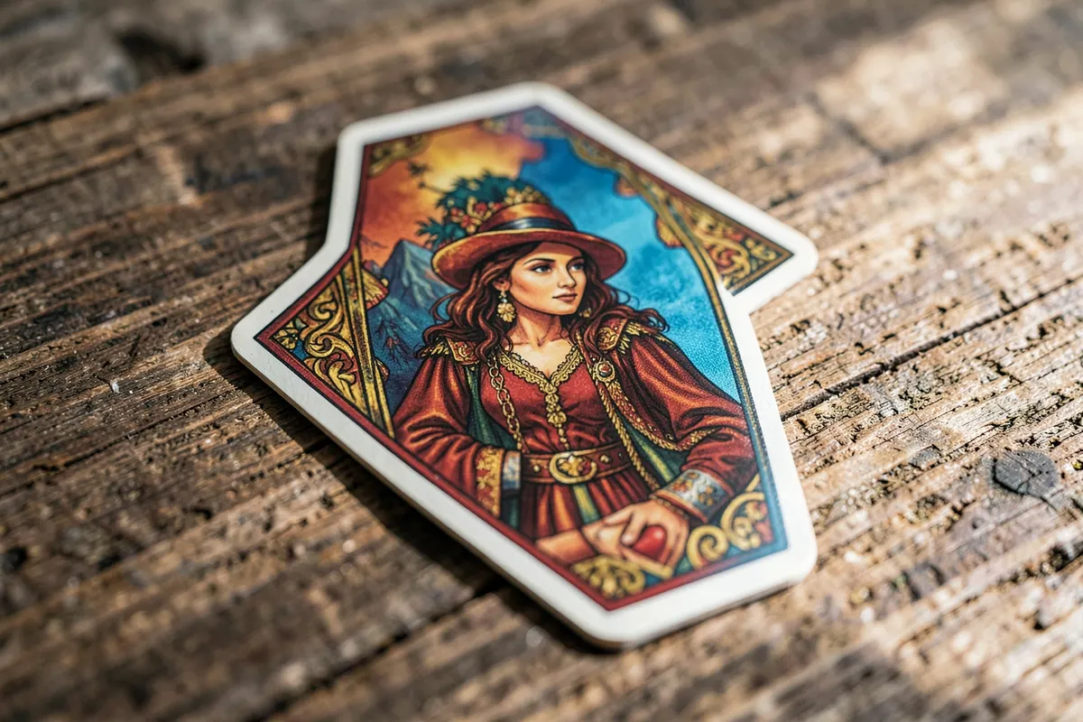 Uma única carta de tarot cigano com a imagem de uma cigana e um coração, sobre um fundo de madeira rústica.