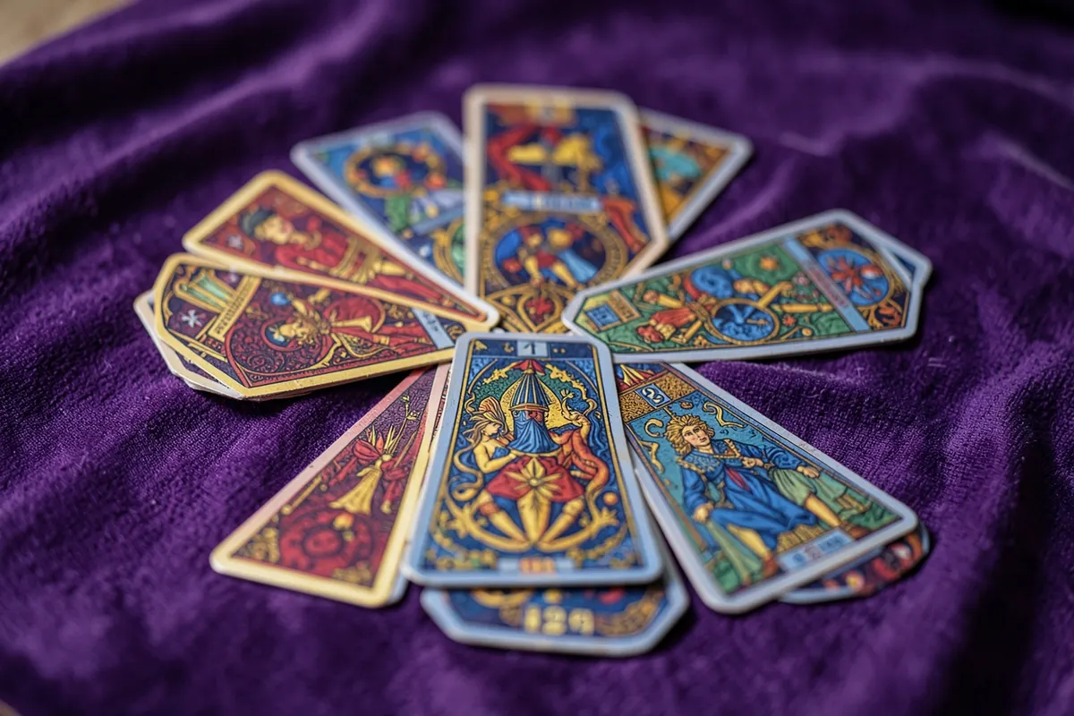 Um close-up de cartas de tarot cigano dispostas em um padrão de cruz celta sobre um tecido roxo.