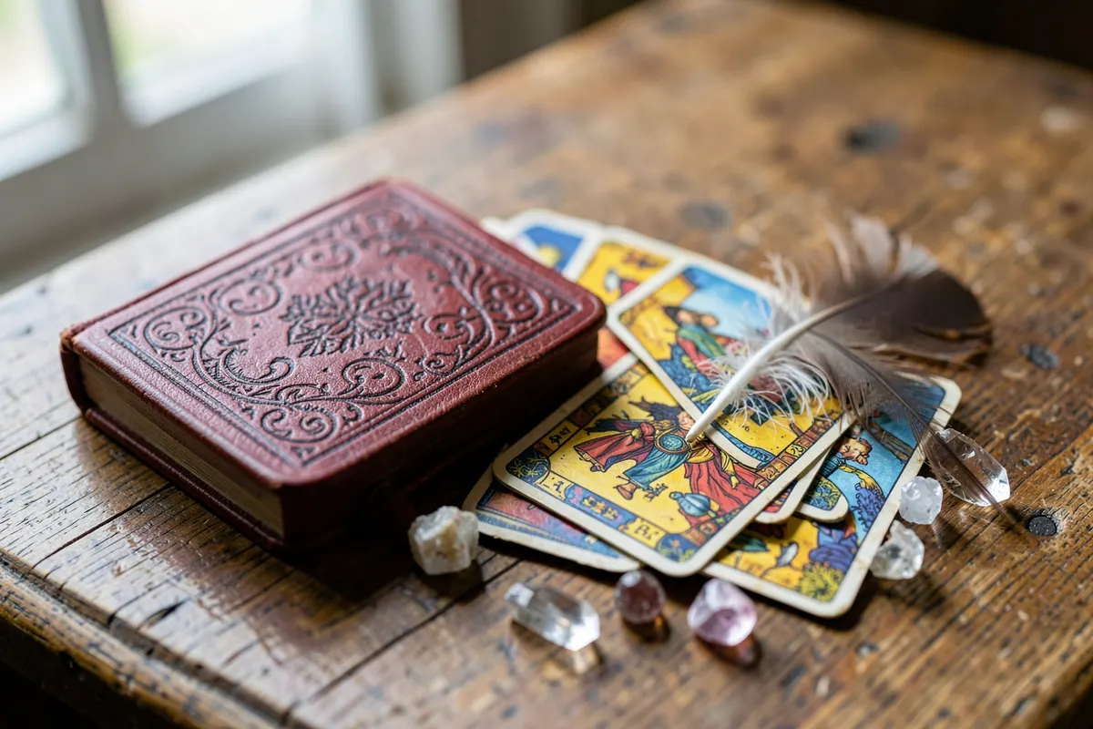 Um baralho cigano fechado ao lado de algumas cartas espalhadas, com uma pena e cristais sobre uma mesa de madeira.