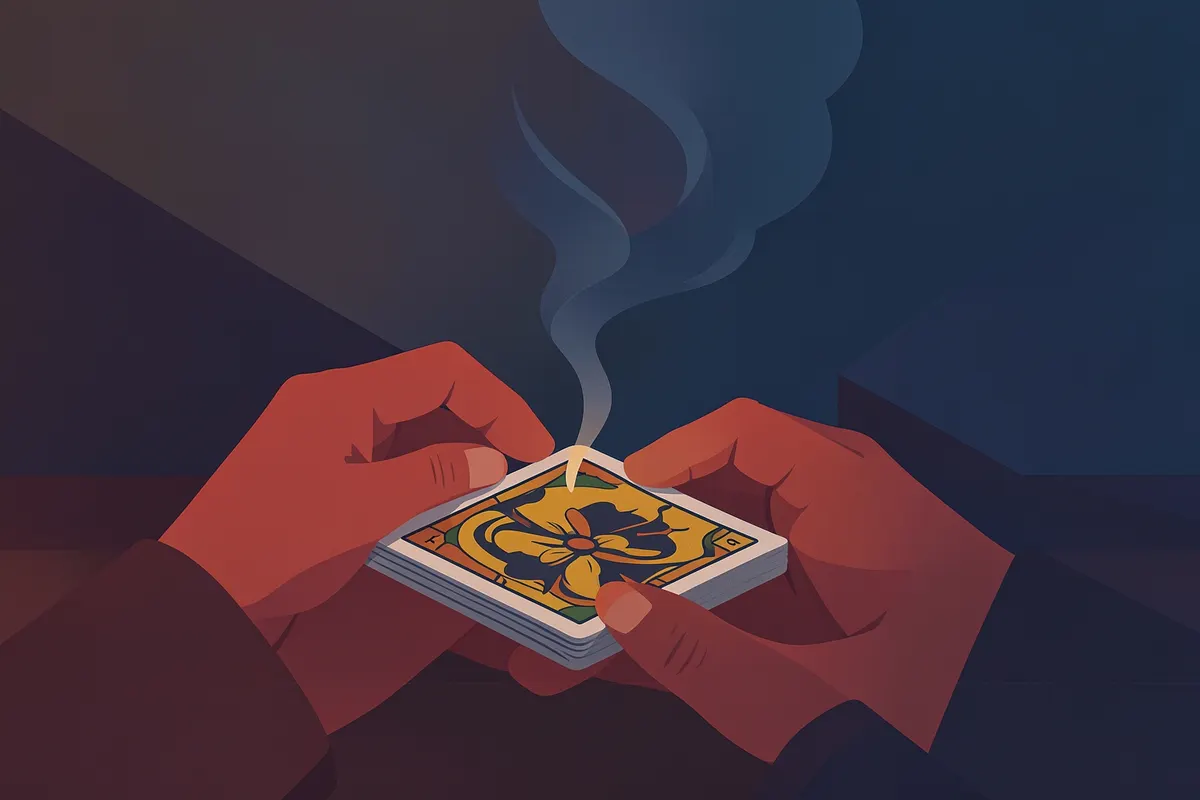 Mãos realizando um ritual com um baralho cigano e incenso.