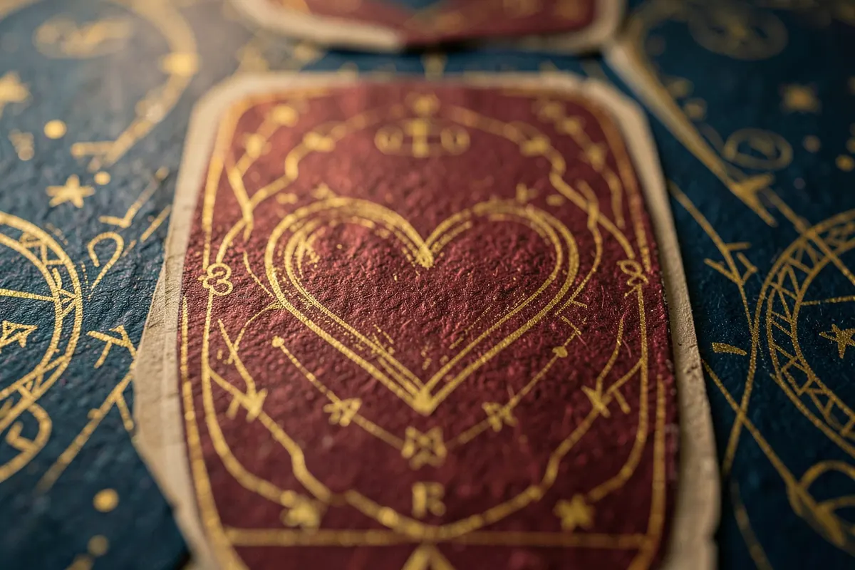 Close-up de cartas de tarot com símbolos místicos e um coração desenhado.
