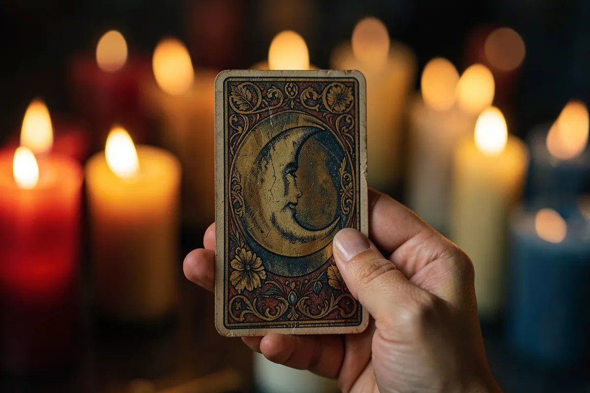 Uma mão feminina segurando uma carta de tarot com a imagem da Lua, com um fundo desfocado de velas.