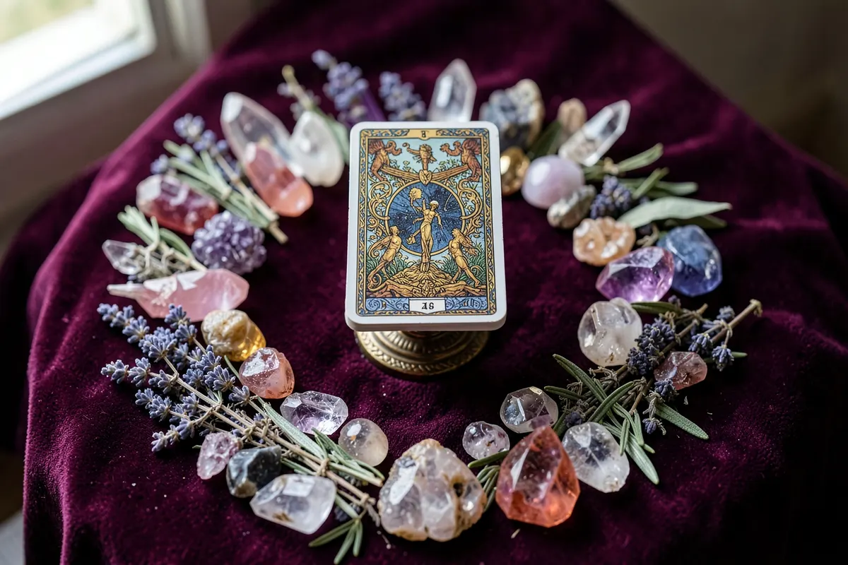 Um conjunto de cristais e ervas dispostos em círculo sobre um pano roxo, com uma carta de tarot no centro.