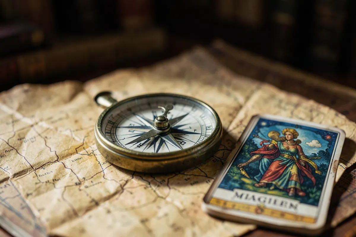 Uma bússola antiga sobre um mapa desbotado, com uma carta de tarot representando o Mago ao lado.