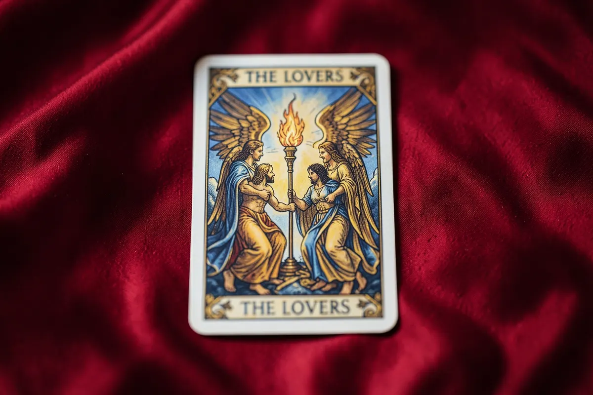 Uma única carta de tarot, O Enamorado, sobre um fundo de seda vermelha.