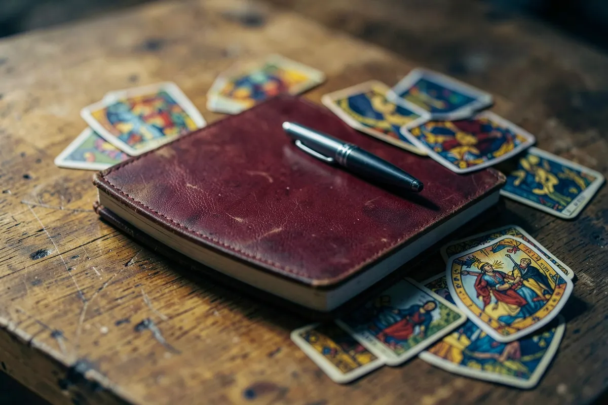 Um caderno fechado e uma caneta sobre uma mesa de madeira, com algumas cartas de tarot espalhadas.