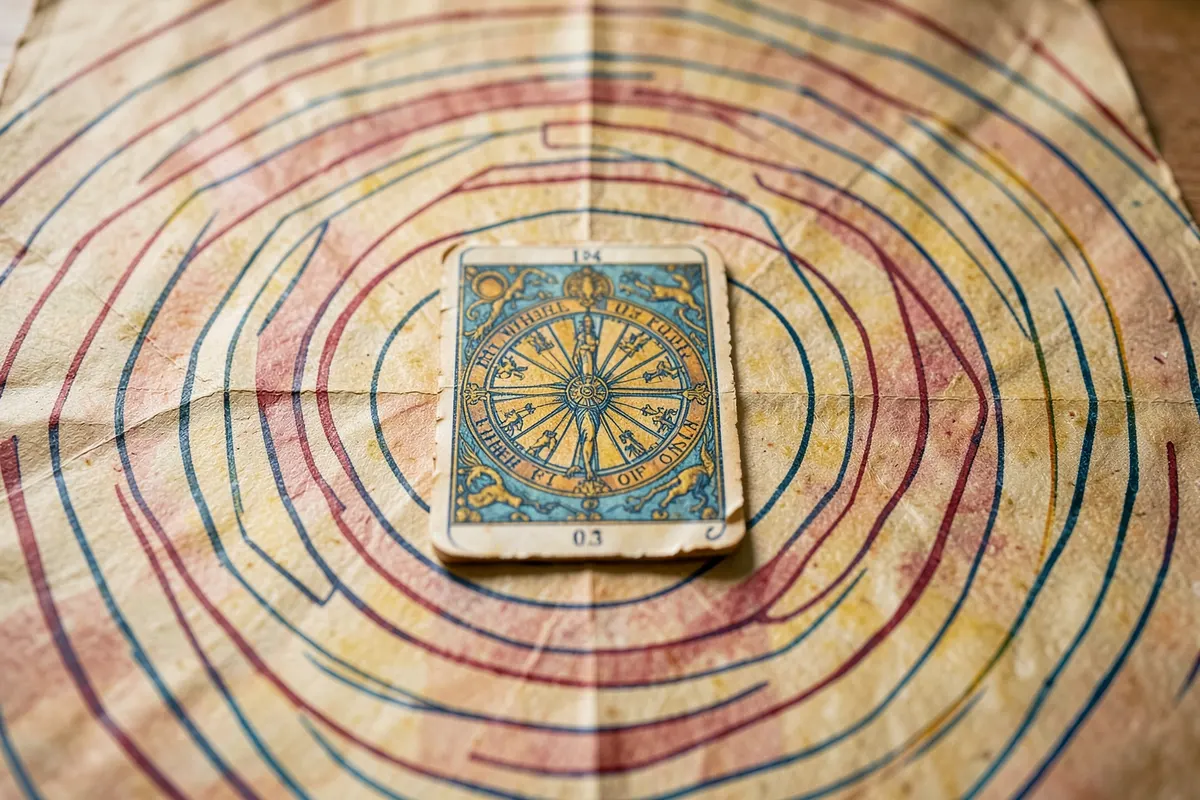 Um labirinto desenhado em um papel antigo, com uma carta de tarot representando A Roda da Fortuna no centro.