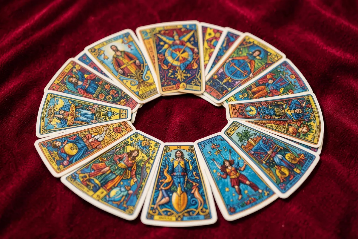 Um close-up de 36 cartas do baralho cigano dispostas em um círculo sobre um pano vermelho, com detalhes das ilustrações visíveis.
