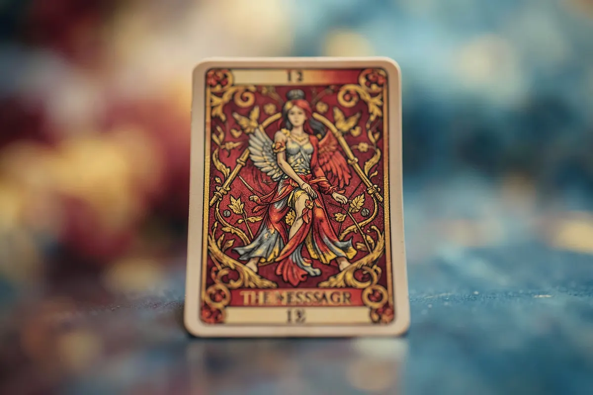 Uma única carta do baralho cigano, a carta "O Mensageiro", com sua ilustração detalhada em destaque sobre um fundo desfocado.