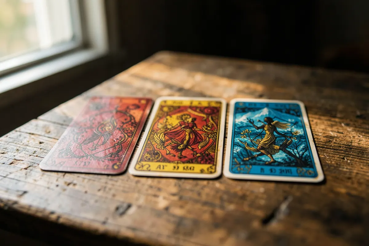 Três cartas do baralho cigano dispostas em linha sobre uma mesa de madeira, representando uma tiragem simples.