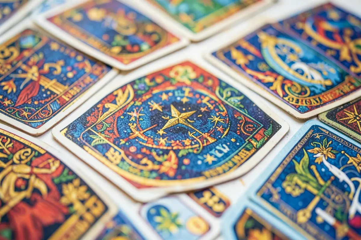 Um close-up de cartas do baralho cigano com símbolos místicos e cores vibrantes.
