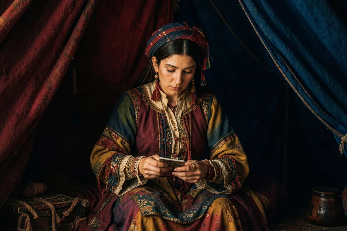 Uma ilustração antiga de uma mulher cigana lendo cartas em uma tenda.