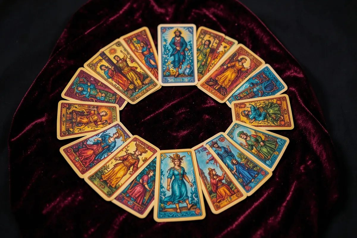 Um conjunto completo de 36 cartas do baralho cigano dispostas em círculo.
