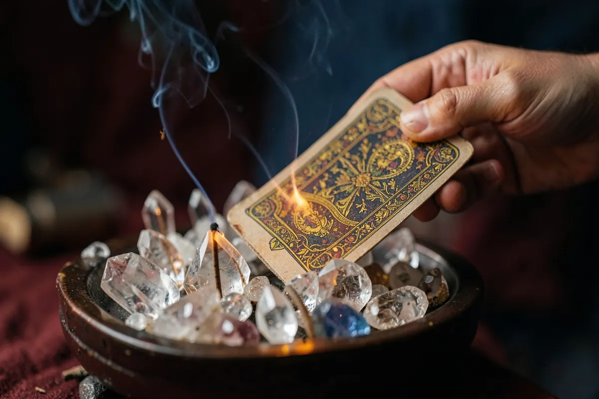 Uma mão segurando um baralho cigano sobre um altar com cristais e incenso.