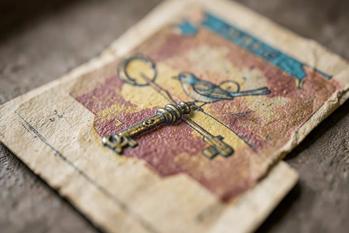 Um detalhe de uma carta do baralho cigano mostrando um símbolo de chave e um pássaro.
