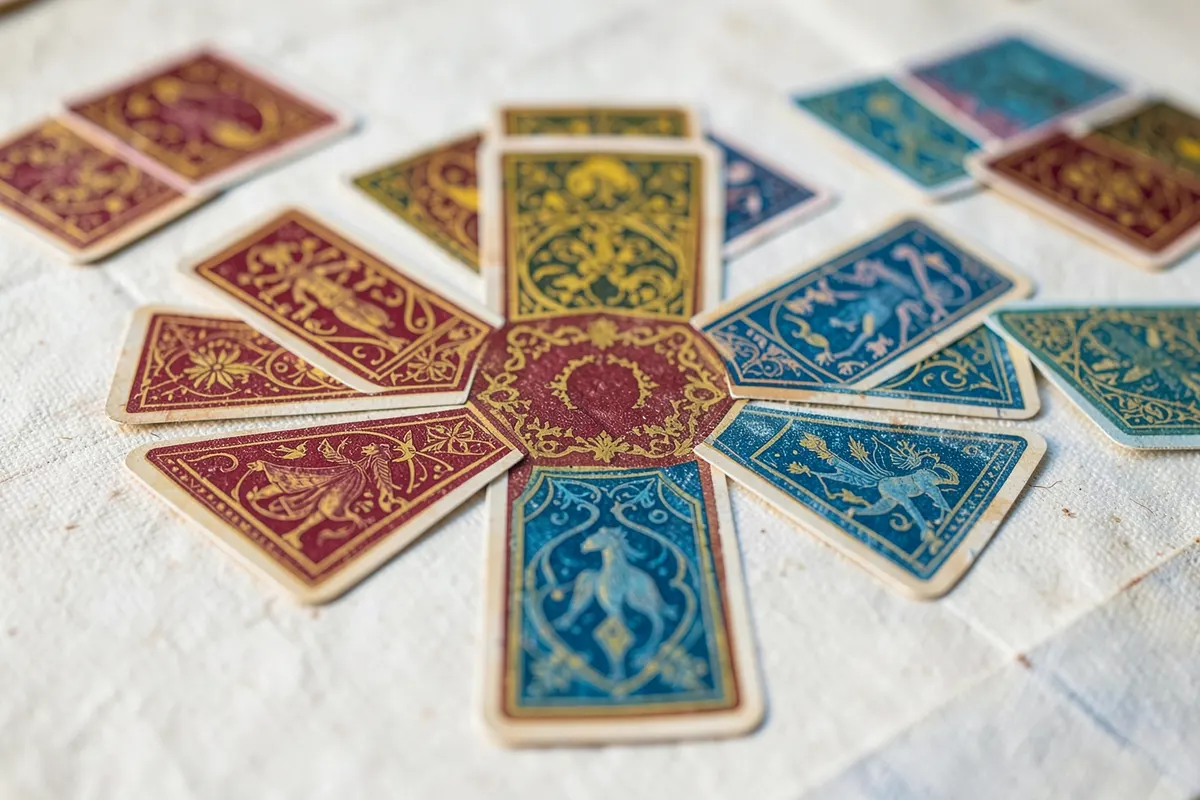 Uma seleção de cartas do baralho cigano dispostas em um padrão de cruz celta.