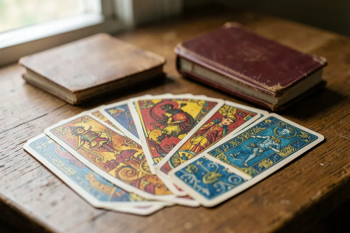 Um baralho cigano aberto mostrando as cartas e um pequeno caderno de anotações.