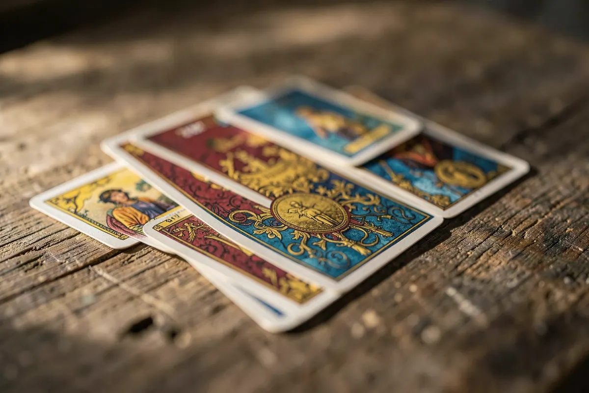 Um close-up de mãos arrumando cartas de baralho cigano em uma mesa de madeira, com foco nas cartas.