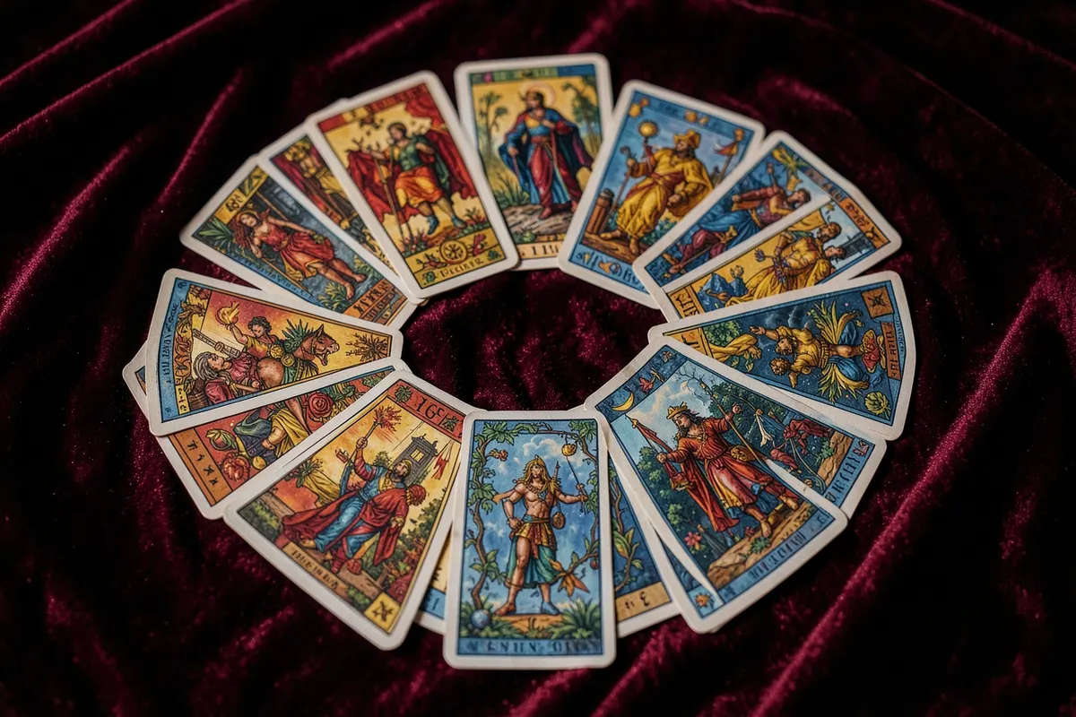 Uma seleção de diferentes tipos de tiragens de cartas de baralho cigano dispostas em um padrão circular sobre um pano de veludo.