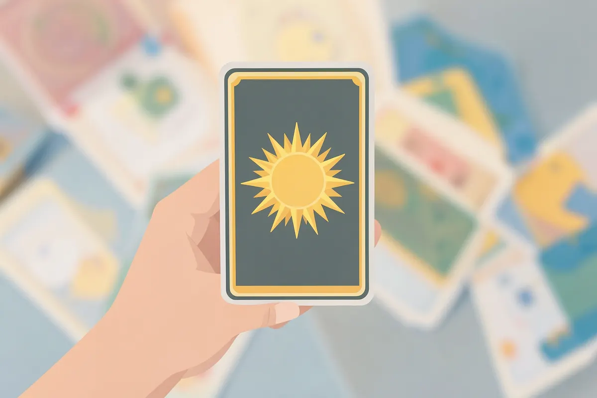 Uma mão feminina segurando uma carta do baralho cigano com um símbolo de sol radiante, em um fundo desfocado de outras cartas.