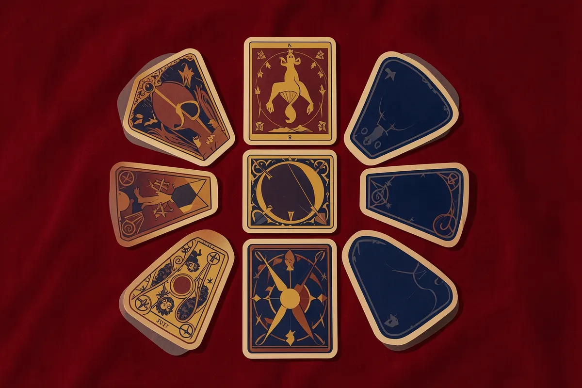 Um conjunto de 9 cartas do baralho cigano dispostas em um padrão de cruz celta sobre um pano de veludo vermelho.