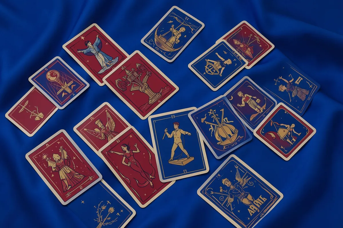 Uma coleção de cartas do baralho cigano com diferentes ilustrações, dispostas aleatoriamente sobre um fundo de seda azul.