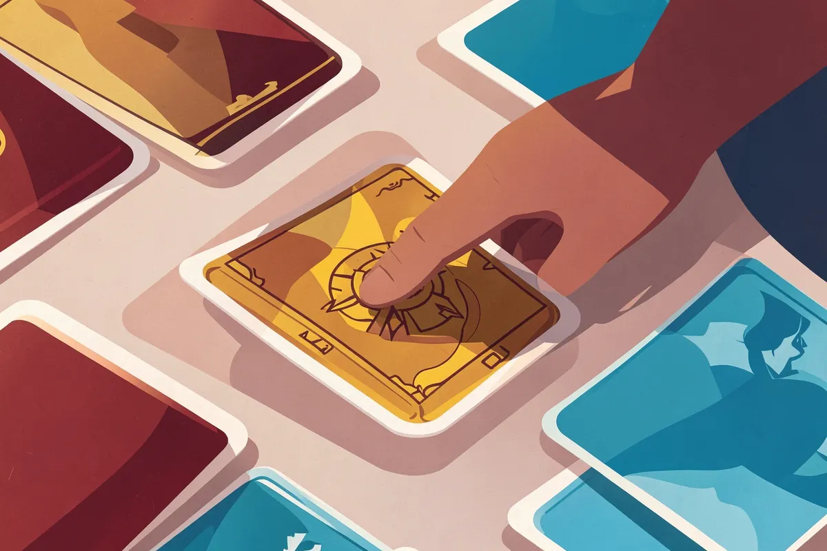 Uma mão feminina apontando para uma carta específica em uma tiragem do baralho cigano, com as outras cartas ao redor.