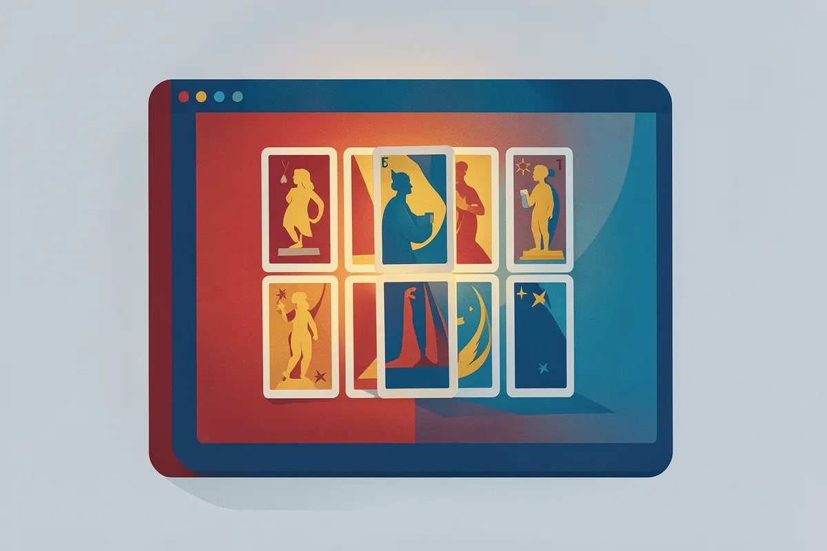 Uma imagem de um baralho cigano de 52 cartas em um ambiente digital, sugerindo uma leitura online.