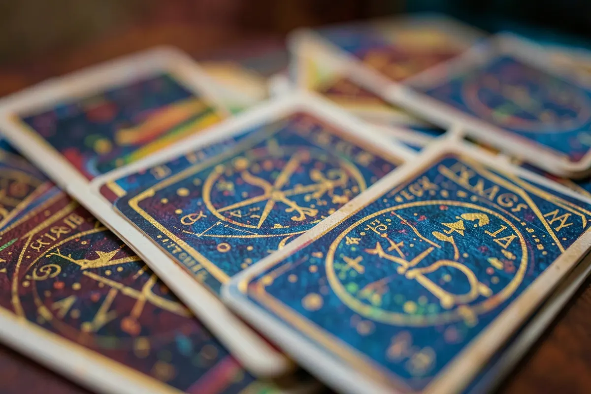 Um close-up de cartas de tarot com símbolos místicos sobrepostas, com um fundo desfocado de cores vibrantes.