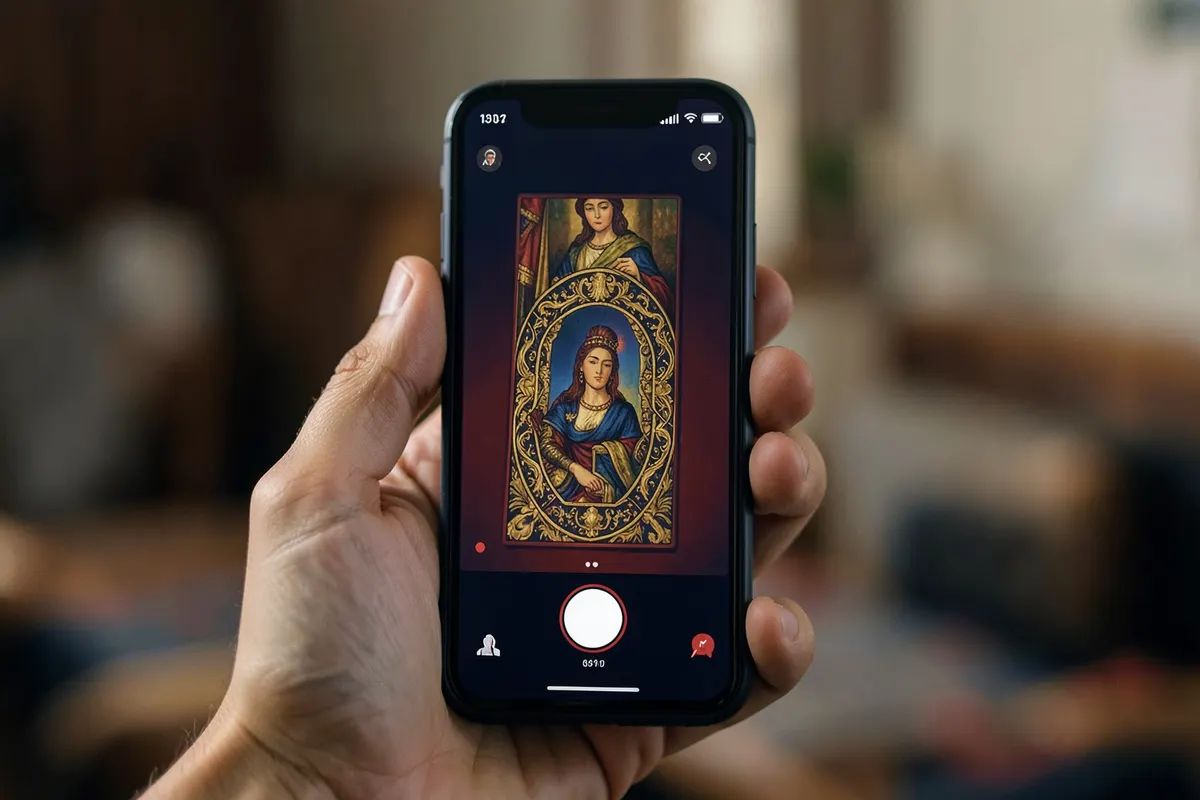 Uma mão segurando um smartphone exibindo uma interface de videochamada com uma cartomante, em um ambiente de sala de estar.