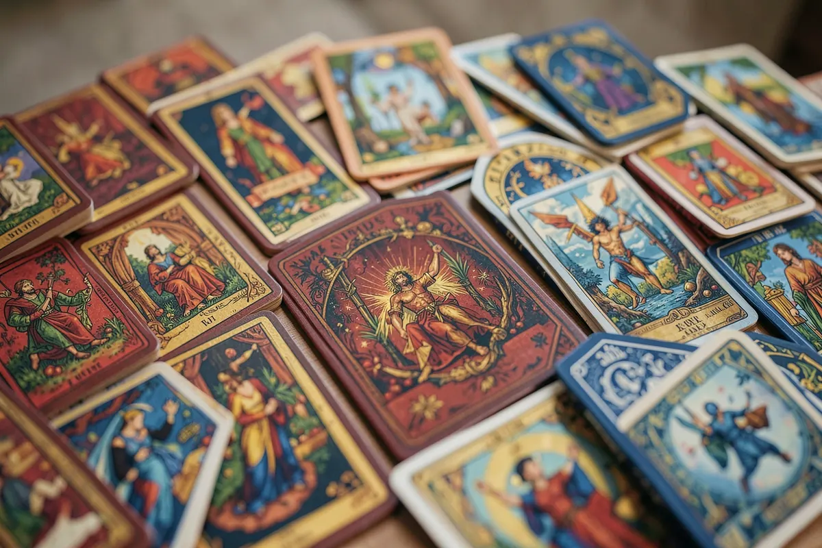Uma variedade de baralhos de tarot com diferentes temas e estilos dispostos lado a lado sobre uma superfície de veludo.