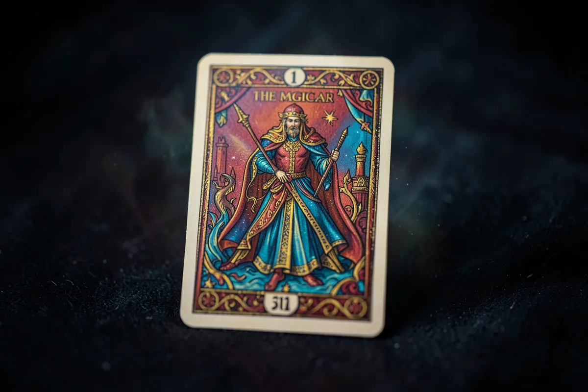 Uma única carta de tarot, o Mago, em destaque sobre um fundo escuro com efeitos de luz etéreos.