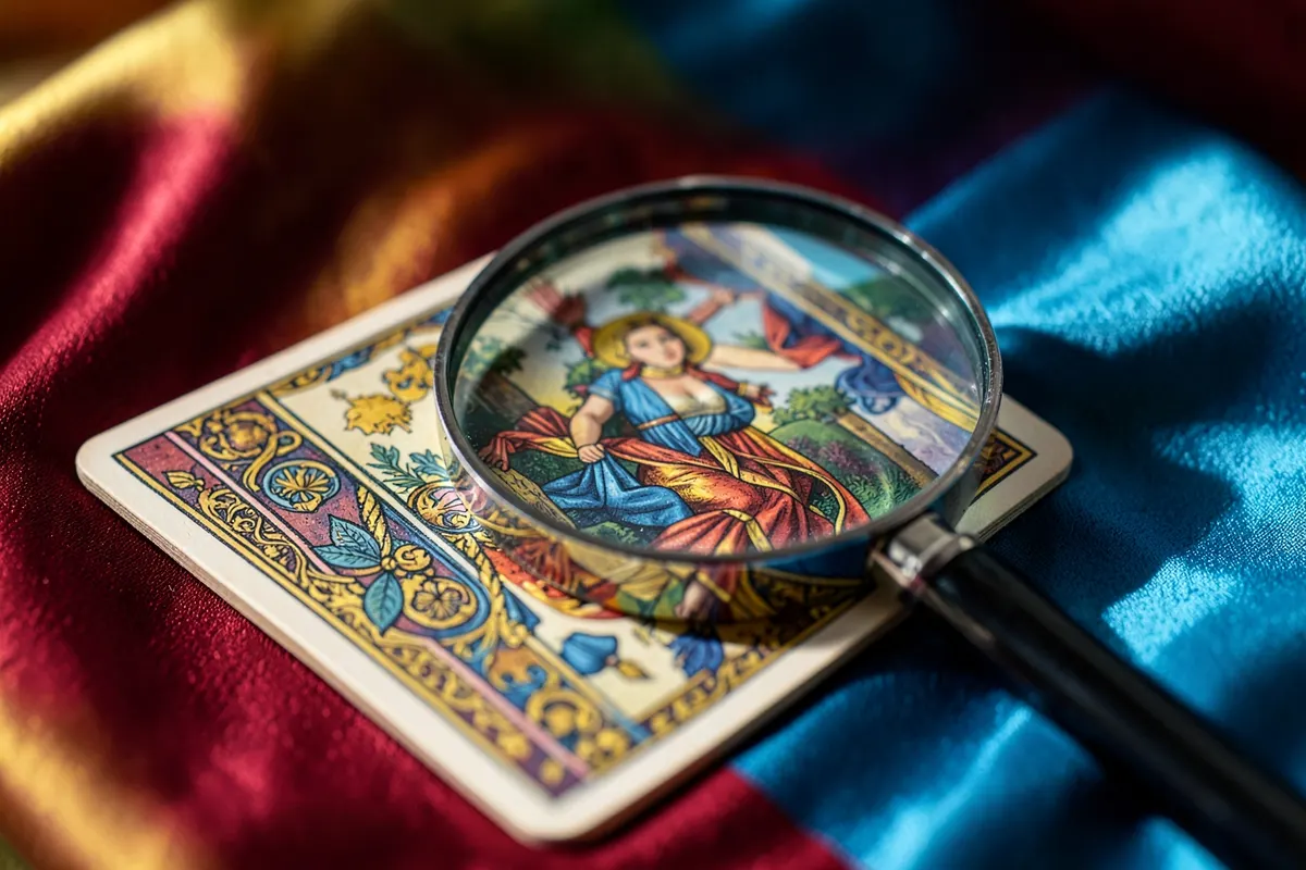 Uma lupa examinando detalhes de uma carta de tarot com ilustrações complexas, sobre um tecido de seda.