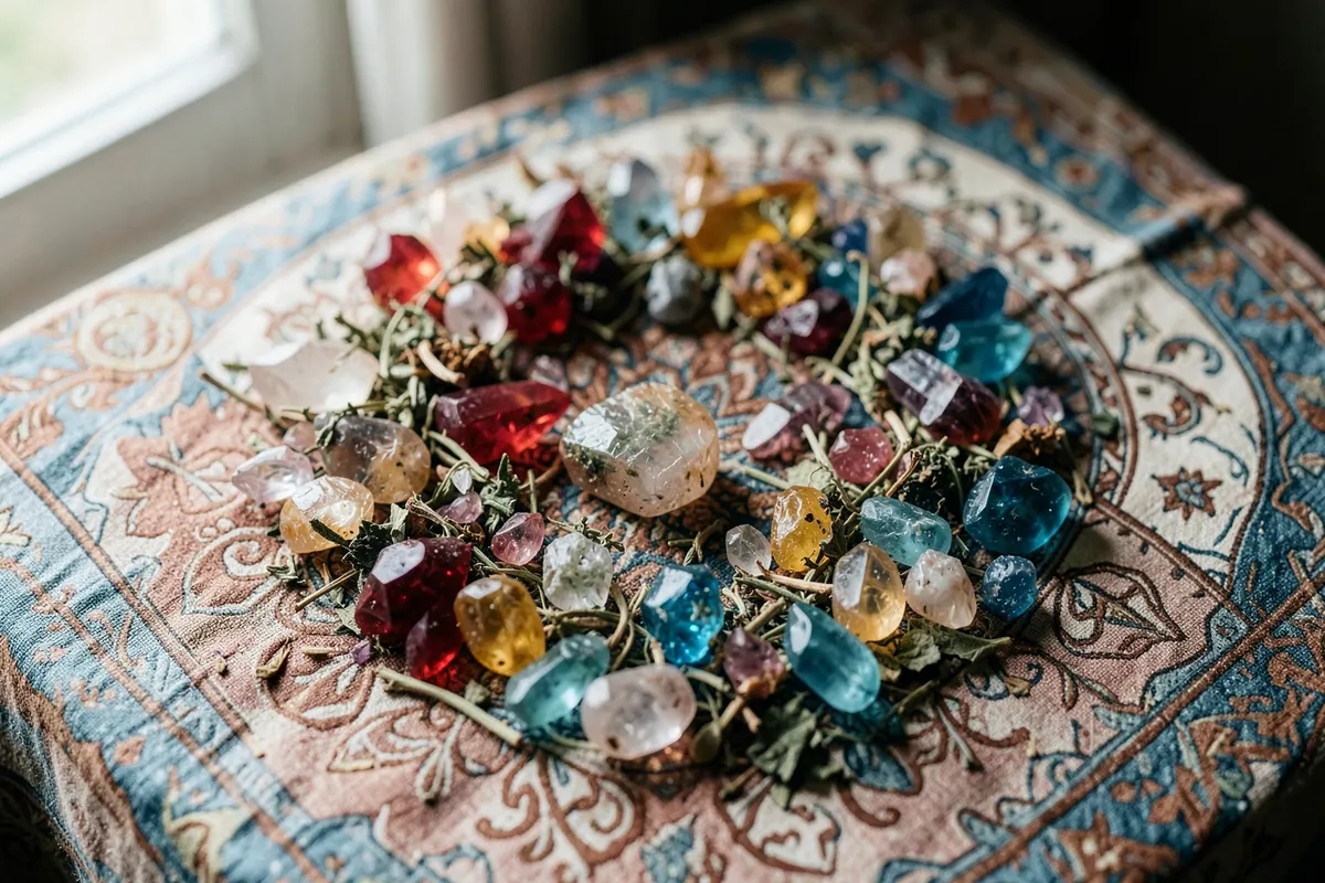Um conjunto de cristais e ervas dispostos em um círculo sobre uma toalha de mesa com padrões esotéricos.