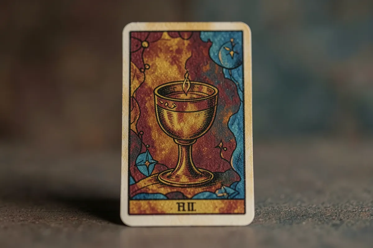 Uma carta de tarot com o símbolo do amor, o naipe de copas, em destaque sobre um fundo desfocado de outras cartas.