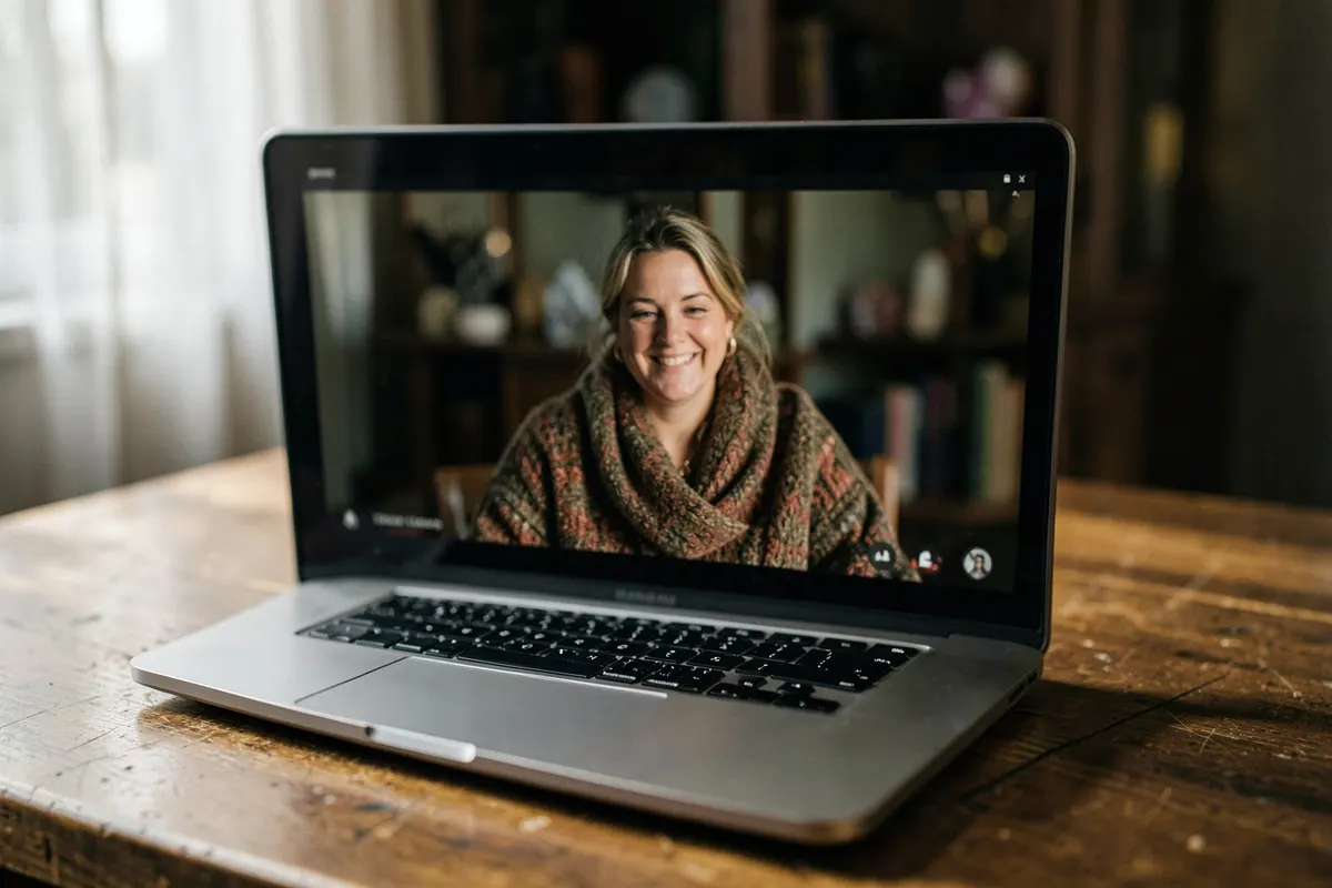 Um laptop aberto exibindo uma tela de videochamada com uma cartomante sorrindo, com cartas de tarot ao lado.